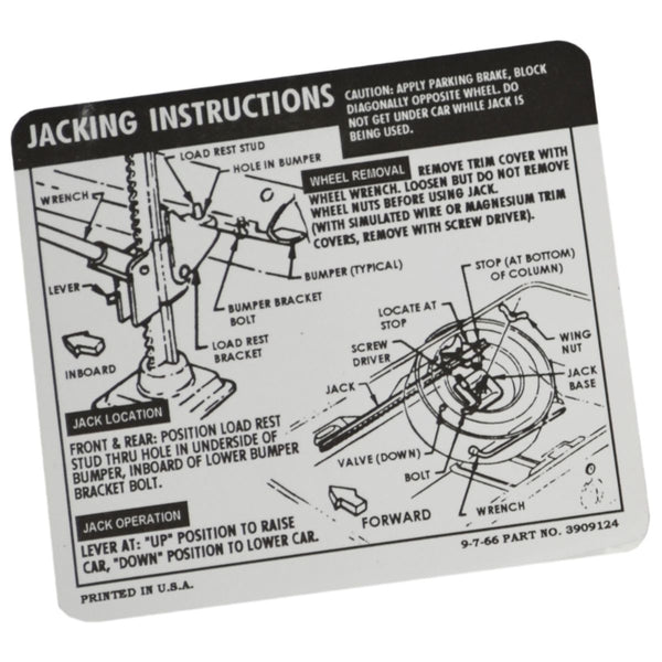 1967-68 Chevrolet Camaro Coupe Regular Spare Jacking Instructions.