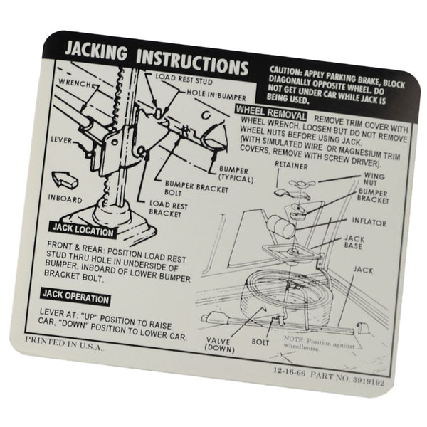 1967-68 Chevrolet Camaro Coupe Space Saver Jacking Instructions.