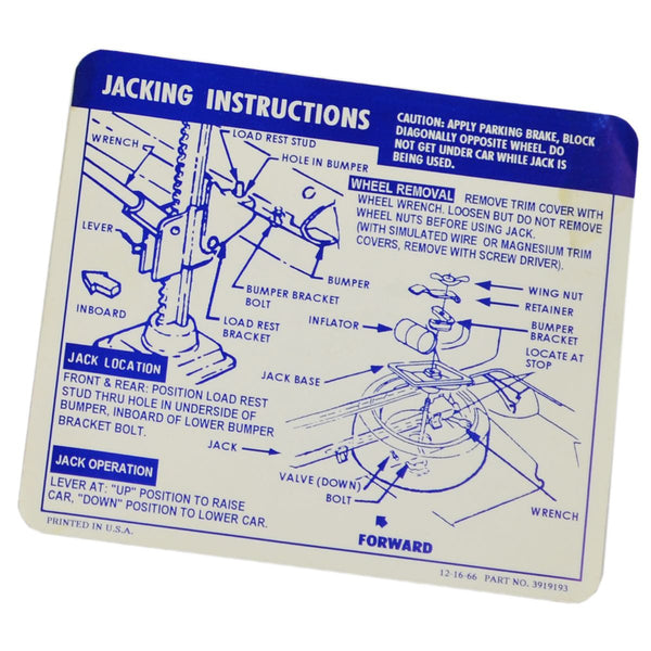 1967-68 Chevrolet Camaro Convertible Space Saver Jacking Instructions.