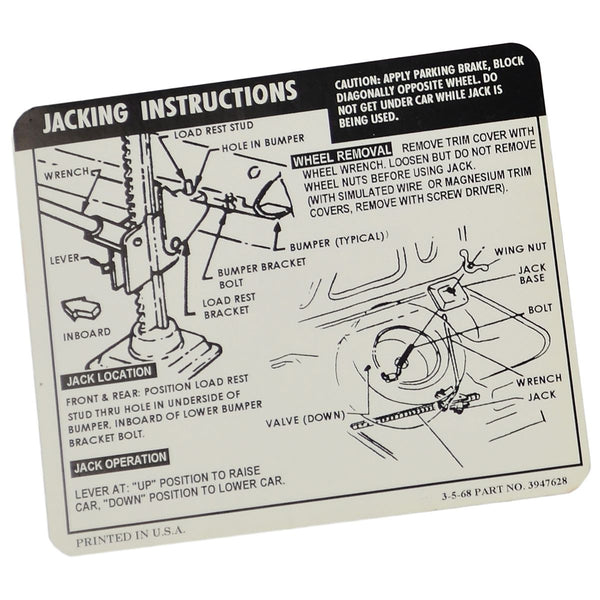 1968 Chevrolet Camaro Coupe W/RR Win. Defogger Jacking Instructions.