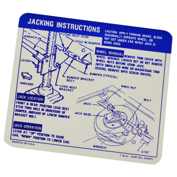 1968 Chevrolet Camaro Convertible 396's & SS Jacking Instructions.