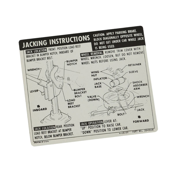 1969 Chevrolet Camaro Coupe Space Saver Jacking Instructions.