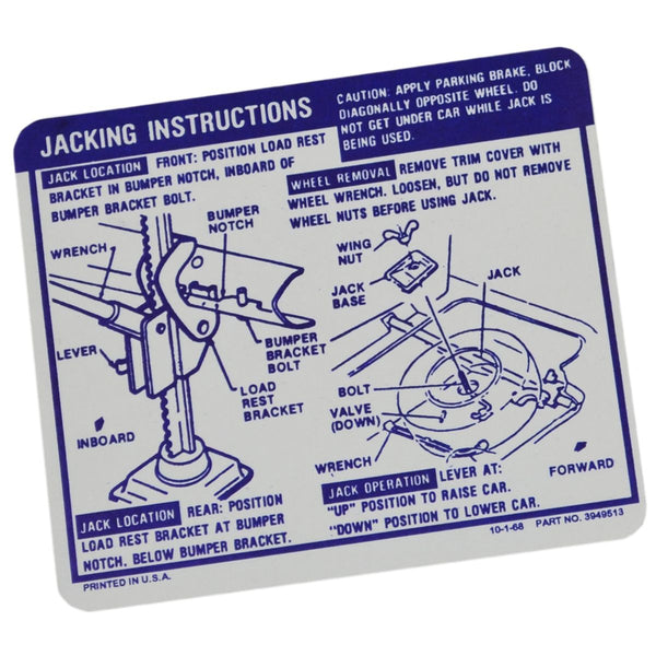 1969 Chevrolet Camaro Convertible Regular Spare Jacking Instructions.