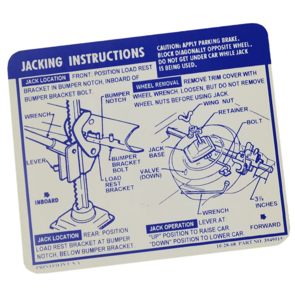 1969 Chevrolet Camaro Convertible 396 & 350 Red or White Line Tires Jacking Instructions.