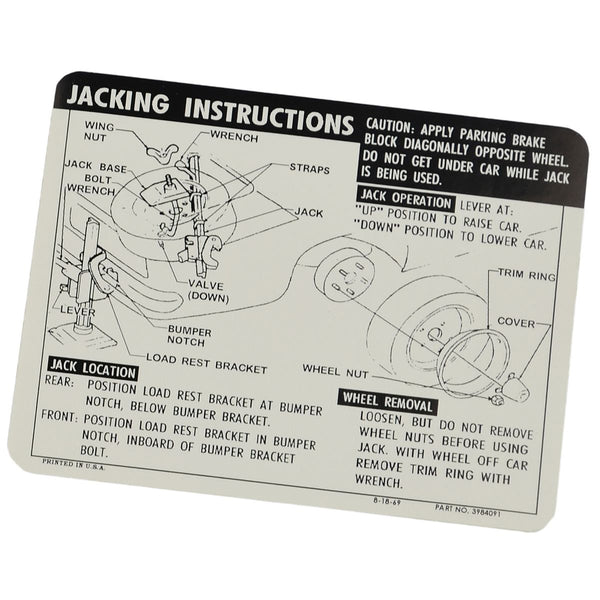 1969 Chevrolet Camaro Coupe SS Jacking Instructions.