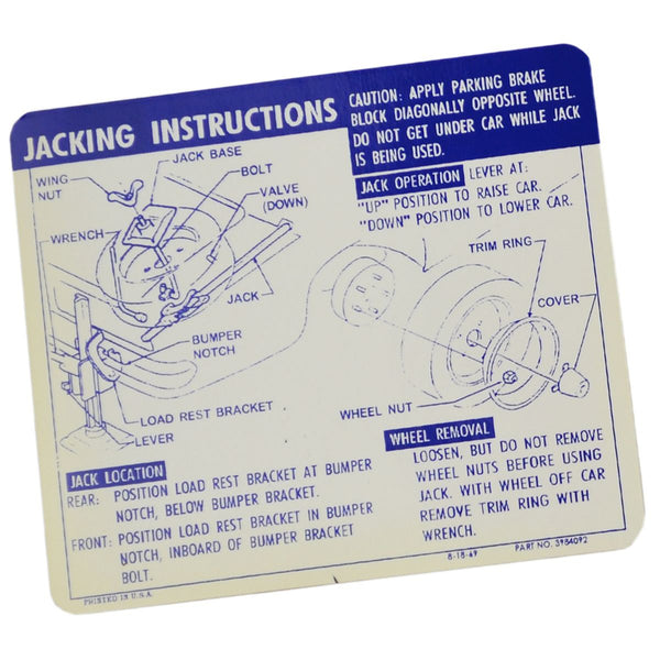 1969 Chevrolet Camaro Convertible SS Jacking Instructions.