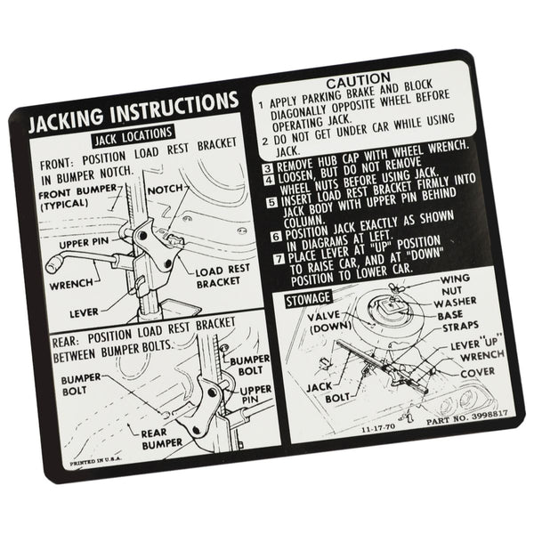 1972-73 Chevrolet Camaro Regular  Spare (Early 73) Jacking Instructions