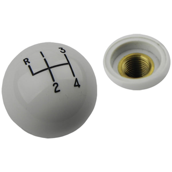 White Hurst Gear Shift Knob, Fine (3/8"-24) Thread, Black Letters, w/o Lock Nut