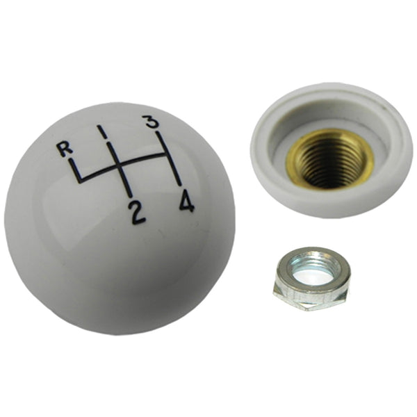 White Hurst Gear Shift Knob. Fine thread with black letters. Includes lock nut.