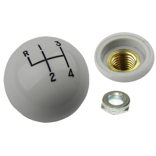 White Hurst Gear Shift knob. Coarse thread with black letters. Includes lock nut.