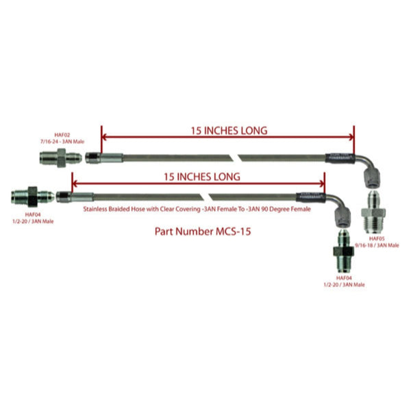 GM Master Line - 15" Pair (-3AN Female to -3AN Female 90 Kit Includes: (2) Braided Hoses, (2) Master Fittings, (2) Prop. Valve Fittings