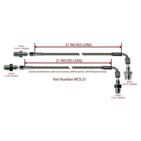 GM Master Line - 21" Pair (-3AN Female to -3AN Female 90 Kit Includes: (2) Braided Hoses, (2) Master Fittings, (2) Prop. Valve Fittings