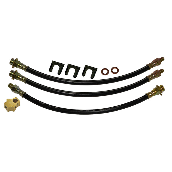 1963-64 Mopar A-body, Dart/ Valiant, Drum Brake 3 Hose Kit. Comes with rear brass tee block, crush washers & clips. 9pc