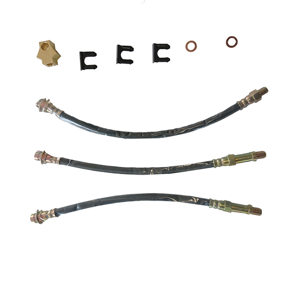 1965 Mopar A-body, Dart / Barracuda - Valiant, Drum Brake 3 Hose Kit. With rear brass tee block, crush washers & clips. 9pc