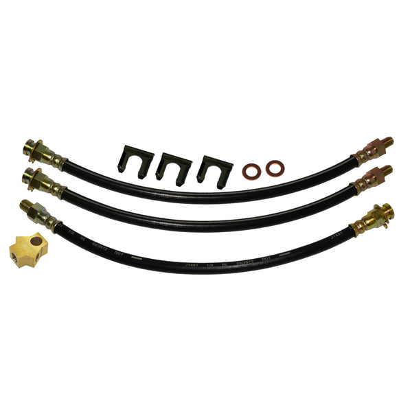 1966 Mopar A-body, Dart / Barracuda - Valiant, 9" Drum Brake 3 Hose Kit. With rear brass tee block, crush washers & clips. 9 pc