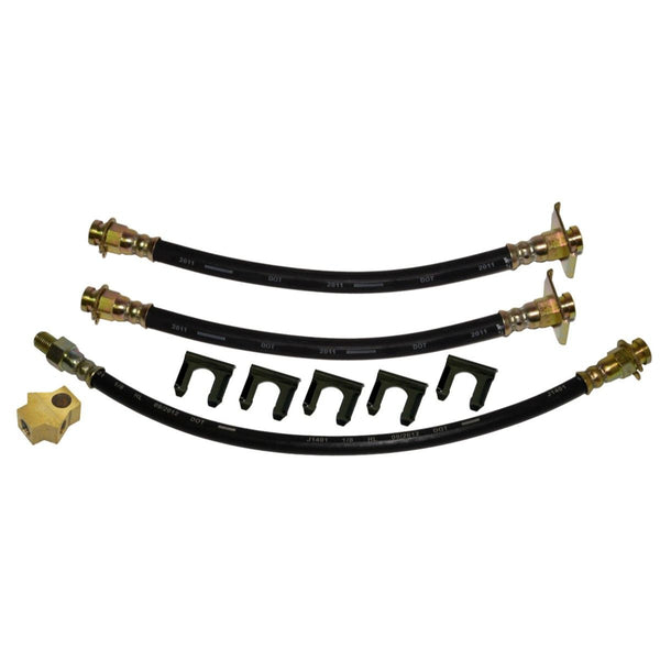 1967-69 Mopar A-body, Dart / Barracuda - Valiant, 9" Drum Brake 3 Hose Kit. Comes with rear brass tee block & clips. 9pc