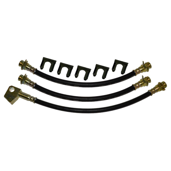1973-76 Mopar A-body, Dart/ Duster - Demon Drum Brake 3 Hose Kit. With rear brass tee block on hose & clips. 8pc