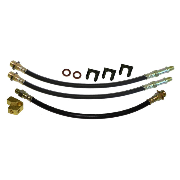 1971 Mopar B-body, Charger, Satellite, Roadrunner, Disc Brake 3 Hose Kit. Comes with rear brass tee block off brake hose. 9pc