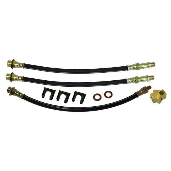1967-68 Mopar C-body, Fury, Polara Drum Brake 3 Hose Kit. Dana Rear, with rear brass tee block, crush washers & clips. 9pc