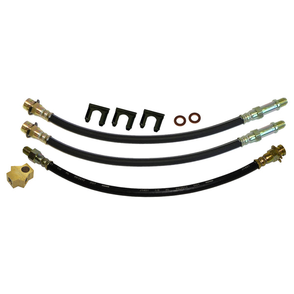 1969 Mopar C-body, Fury, Polara Disc Brake 3 Hose Kit. Comes with rear brass tee block, crush washers & clips. 9pc