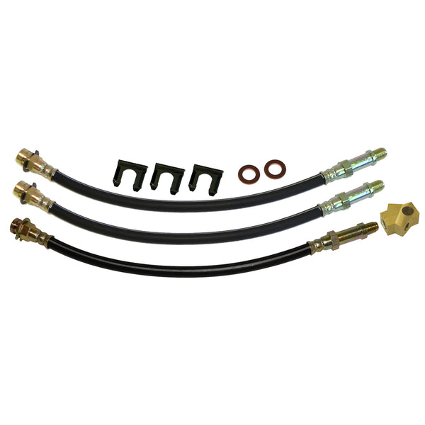 1970 Mopar C-body, Fury, Polara Disc Brake 3 Hose Kit. Comes with rear brass tee block, crush washers & clips. 9pc