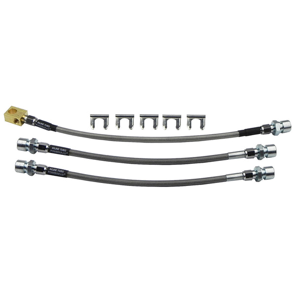Stainless Flex Hoses - 1966-67 GM A-Body GTO/Lemans - Front DIsc 4 Piston Calipers/Rear Drum, 3 Hose Kit, 8pc