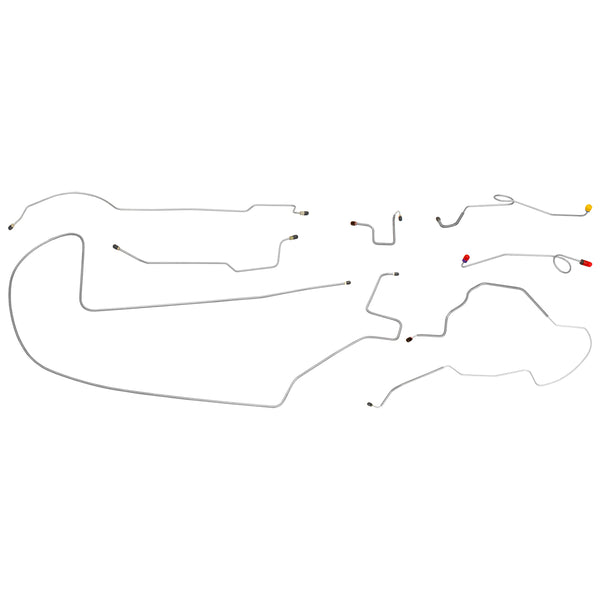 1968-69 Plymouth B-Body Power Drum Brake Line Kit One-Piece F to R, Left-Port M/C, 8 3/4 Axle 7pc, Stainless
