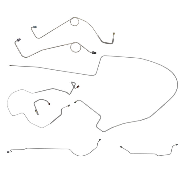 1968-69 Plymouth Roadrunner Satellite GTX Hemi 1pc F to R, Left-Port Master 8 3/4 Rear Power Disc Brake Line Kit 7pc, Stainless