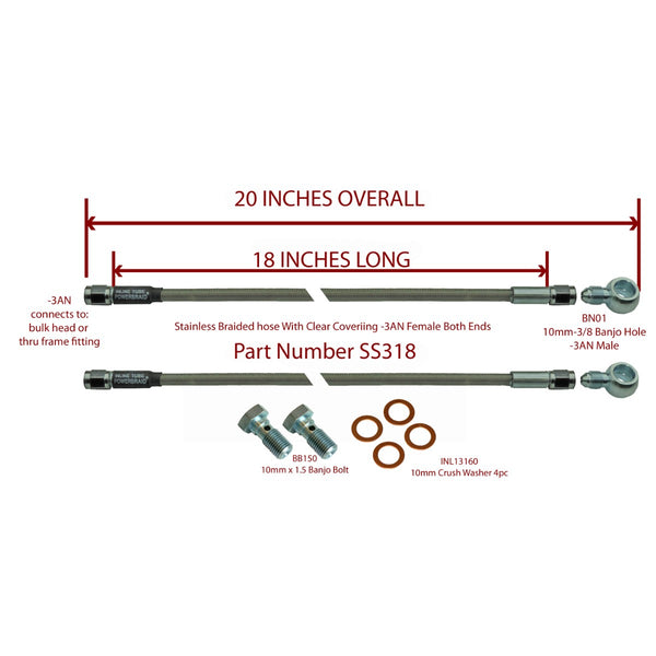 18" Stainless Braided Flex Hose -3an Female to 10mm X 1.5 Banjo And Bolts