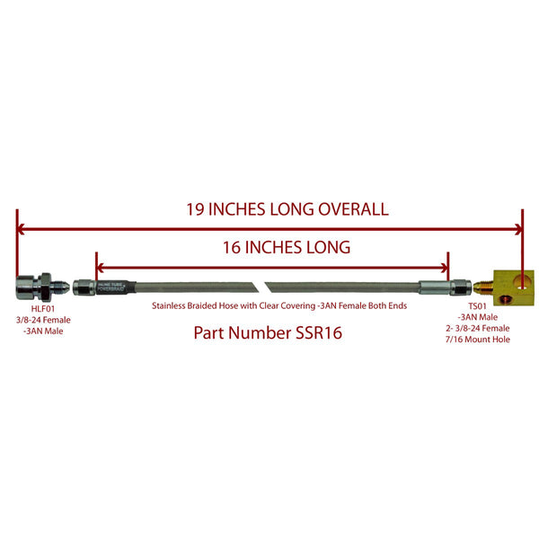 Rear Stainless Steel Flex Hose 19" 3/8"-24 Female to 3/8-24" Tee