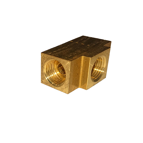 Inverted Flare Brass Tee, 7/16"-24 Female Thread 2 Sides, Top Side 1/8" Pipe