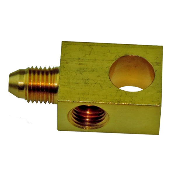 Brass Tee, 3an Male to 3/16" Brake Line, 7/16" Mounting Hole, Ford
